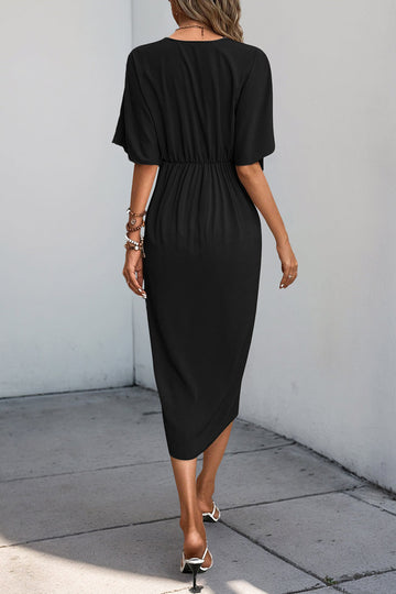 Black V-Neck Bodycon Midi Summer Dress with Half Sleeves
